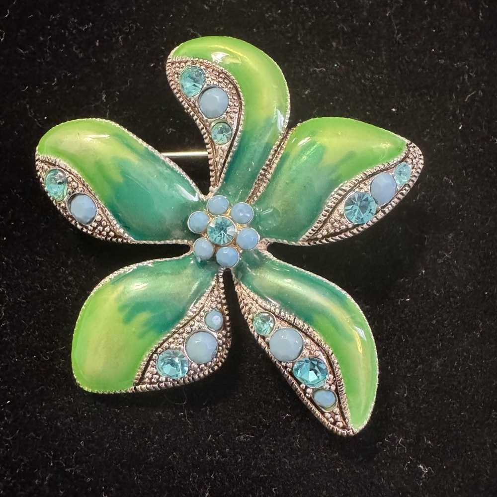 VTG  Monet Brooch Green Enamel Flower With Blue Rhinestones Silver Tone Setting